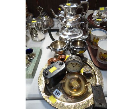 A quantity of EPNS tea ware and sundry metal ware items including vintage alarm clock etc