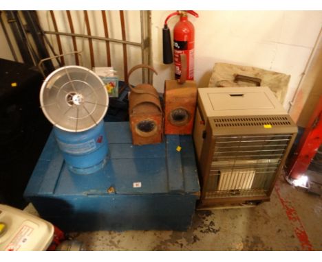 Vintage painted blue wooden box, two red metal roadside warning lamps, Calor Gas heaters etc