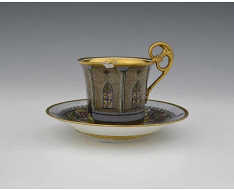 A Vienna porcelain Chivalric painted cabinet cup and saucer, circa 1820, the cup decorated in the round with a semi topograph