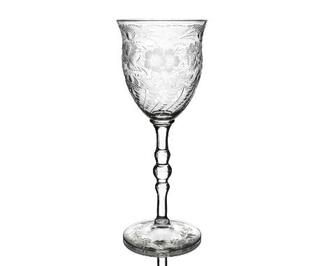 Stevens and Williams, an Edwardian Stourbridge intaglio cut hock wine glass, circa 1905, the flared bell shaped bowl etched a