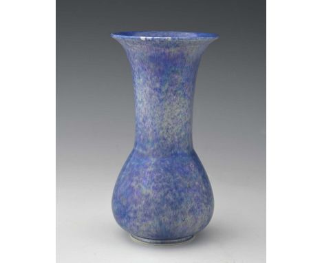 Ruskin Pottery, a pale blue lustre glazed vase, 1924, trumpet necked bulbous form, hares fur type glaze, impressed marks, 19.