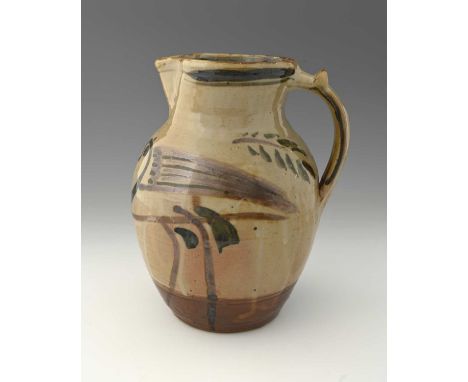 Seth Cardew for Wenford Bridge, a large studio pottery jug, ovoid form, sli decorated and painted in oxide glazes with two bi