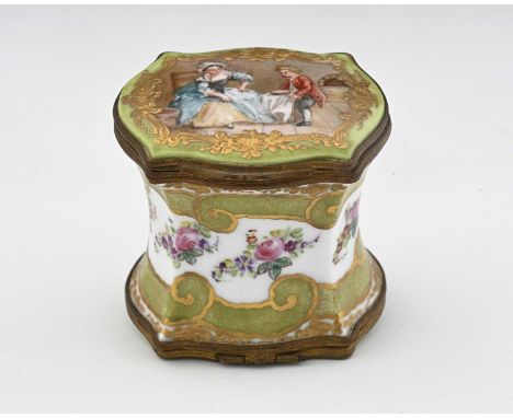 A continental porcelain double-ended trinket box, late 19th/early 20th Century, of inverted form, gilt metal mounts, painted 