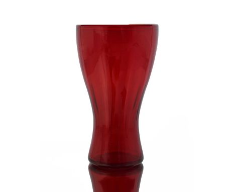 Geoffrey Baxter for James Powell and Sons, Whitefriars, a ruby red glass vase, model 9464, designed circa 1954, optic ribbed 