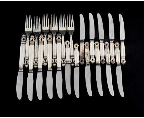Johan Rohde for Georg Jensen, a collection of silver/steel Acorn pattern dessert flatware, designed in 1915, including six de