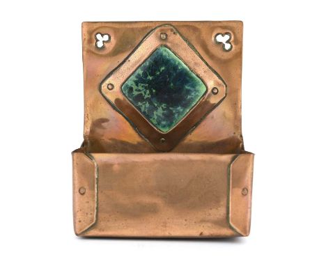 An Arts and Crafts copper and Ruskin set match trough, cuboid form, with riveted flaps and trefoil hanging holes, diamond for