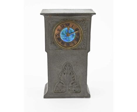 Liberty and Co., an Arts and Crafts Tudric pewter and enamelled clock, model 01154, plinth or longcase form, planished and ca