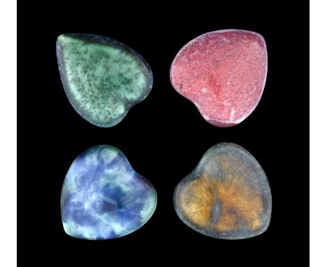 Ruskin Pottery, four Souffle glazed heart form plaques, various glazes including pink hares fur, curdled and marbled blues an