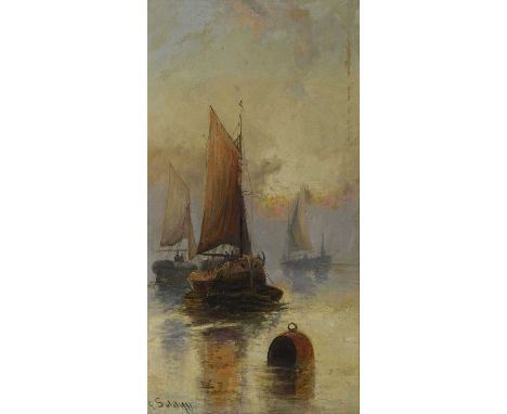 G.L. Sutcliffe (British, late 19th/early 20th Century), fishing boats at sunset, signed l.l., oil on canvas, 60 by 38cm, fram