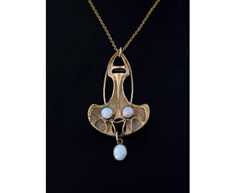 Theodor Fahrner, a Jugendstil silver gilt and opal set pendant, organic seed pod or leaf form with tendril bracket staps and 