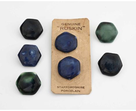 Ruskin Pottery, seven various Souffle glazed buttons, hexagonal form, blue and green colours, including three pairs, one atta