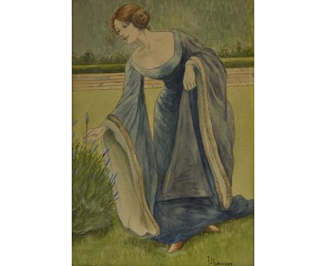 F. J. Robinson (British, late 19th/early 20th Century), an Arts &amp; Crafts portrait of a lady in a medieval dress picking f