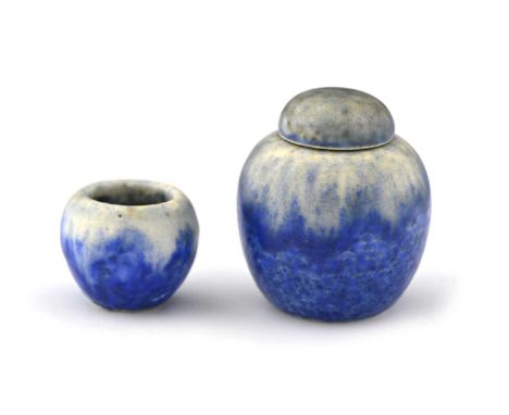 Ruskin Pottery, two miniature Crystalline glazed vases, circa 1930, including a ginger jar and cover and a mortar type vase, 