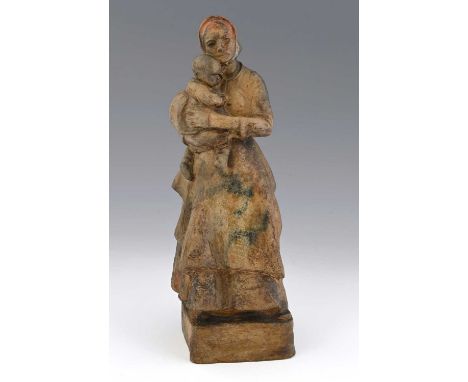 Reginald Fairfax Wells, Peasant Woman and Child, a terracotta sculptural maquette, circa 1905, modelled as a standing woman i