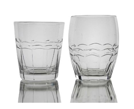 Stuart and Sons for Cunard, two Art Deco glass beakers, designed for RMS Queen Mary ocean liner, circa 1936, including barrel