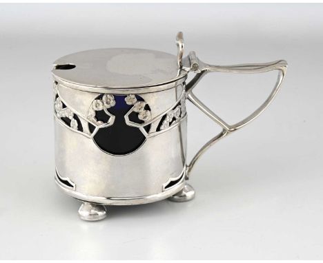 Kate Harris for G L Connell, an Arts and Crafts silver mustard pot, London, circular drum form, embossed and pierced with sty