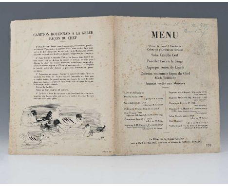Raoul Dufy (French, 1877-1953), a printed folio folding menu for Le Diner de la Bonne Cuisine, to be served on 21st May 1935 