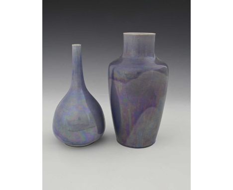 Ruskin Pottery, two Lavender lustre vases, 1921 and 1922, one of should form, the other of conical onion bottle form, impress