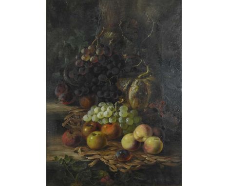 Frederick J. Stanier (British, act.1847-1893), still life of a broken basket of fruit with pumpkin, apples, grapes, and peach