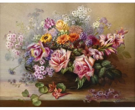 Ernest Phillips for Royal Worcester, a pair of floral painted wall plaques, each with a basket of roses and other flowers, si