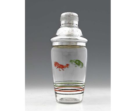 Stuart and Sons, an Art Deco enamelled glass cocktail shaker, circa 1930, with chrome lid, decorated with two fighting cocker