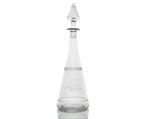Herbert Webb for Webb Corbett, an Art Deco glass decanter, circa 1930, slender conical form, engraved with concentric bands a