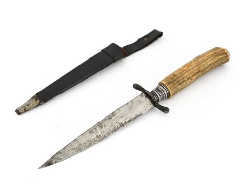 A WW1 German military fighting knife, circa 1914, with an antler handle and leather sheath, 29cm approx