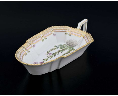 A Royal Copenhagen Flora Danica pattern sauce boat, circa 1980s, denticulated and hand painted with a botanical specimen titl