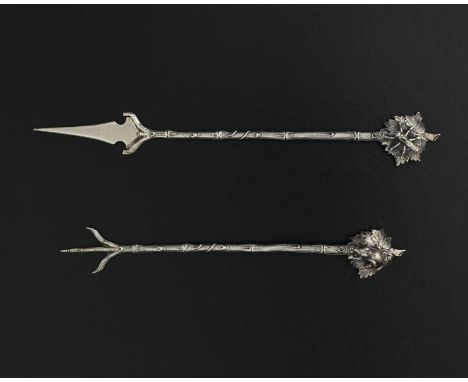 A pair of American sterling silver Aesthetic Movement nut picks, Gorham, naturalistically cast as bamboo branches with vine l