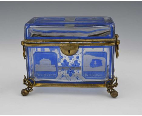 A Bohemian enamelled and etched glass, gilt metal mounted casket, 19th century, cuboid form, decorated with various named top