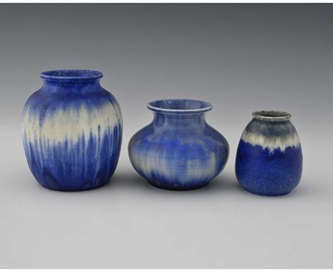 Ruskin Pottery, three Crystalline glazed vases, 1931 and 1932, shouldered and ovoid forms, banded in blue and cream, impresse