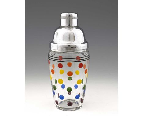 Stuart and Sons, an Art Deco enamelled glass and chrome cocktail shaker, circa 1930, shouldered beaker form, painted with mul
