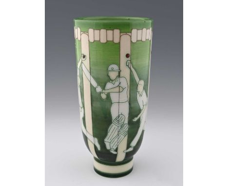 Buchan Dennis for Dennis China Works, a tubelined trial Cricket vase, 2011, footed beaker form, decorated in the round with v