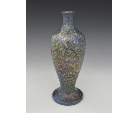 Ruskin Pottery, a Souffle Lustre lamp base, 1927, inverse baluster form, curdled blue over ochre, impressed marks, 32cm high