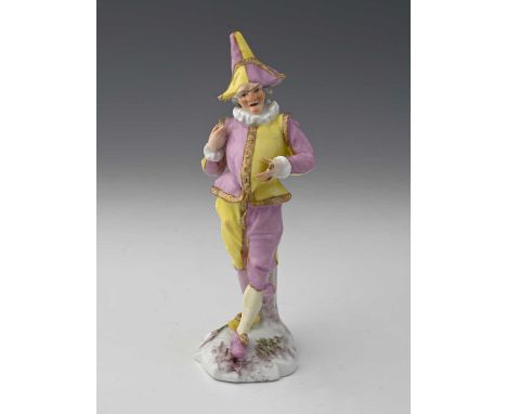 A Samson porcelain figure of Pulcinella from Comedia Dell'Arte, after a Meissen version, 19th century, painted in pink and ye