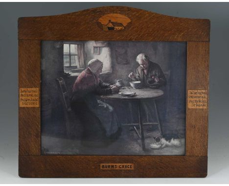An Arts &amp; Crafts oak frame, circa 1905, ached pediment, marquetry inlaid cottage scene, mottoes and title 'Burns Grace', 