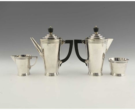 Keith Murray for Mappin and Webb, an Art Deco silver plated coffee set, model W27683, circa 1935, stepped conical form with c