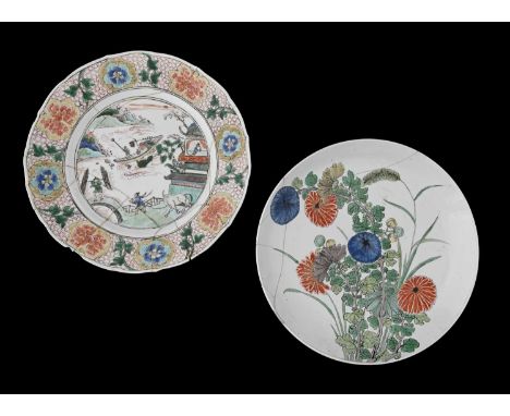 Two Chinese famille verte dishes, Kangxi pictorial marks and probably of the period, one decorated with a naturalistic bouque