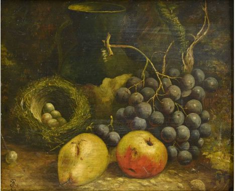 R.S. (?) (British, late 19th Century), a still life of bird eggs in a nest, grapes, an apple, and a pear on a mossy bank, ini