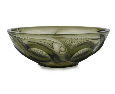 Charles Graffart and Rene Davenne for Val St Lambert, an Art Deco Luxval green glass bowl, circa 1925, moulded, cut and polis
