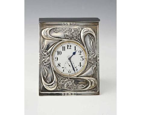 Kate Harris for William Hutton, an Arts and Crafts silver watch holder, Birmingham 1908, wedge form embossed with sinuous whi