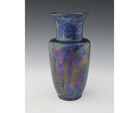 Ruskin Pottery, a Kingfisher Lustre vase, 1917, shouldered form with everted rim, orange skin texture, impressed marks, 31cm 