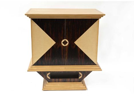 Sean Feeney (British, 1956), a sycamore and rosewood media cabinet, in the Art Deco style, stringing inlay top over triangula