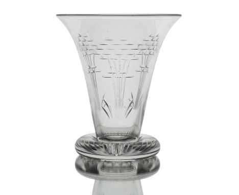 Ludwig Kny for Stuart, an Art Deco glass vase, circa 1930, flared trumpet form on a heavy domed foot, cut with stylised yarro