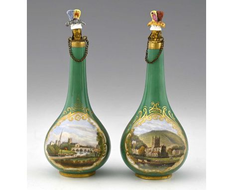 A pair of Chamberlain's Worcester scene painted scent bottles, baluster form, each with a topographical scene of Worcester an