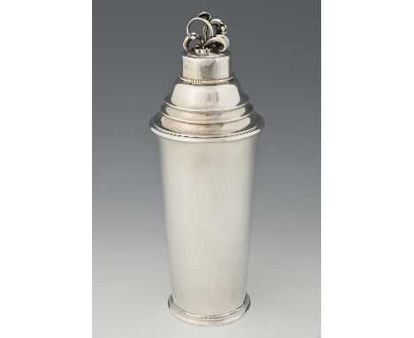 Harald Nielsen for Georg Jensen, an Art Deco silver cocktail shaker, model 462B, designed circa 1925, tapered cylindrical bea