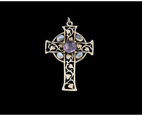 An Arts and Crafts white metal, moonstone and amethyst pendant, in the form of a Celtic cross, reticulated with heart leaf vi