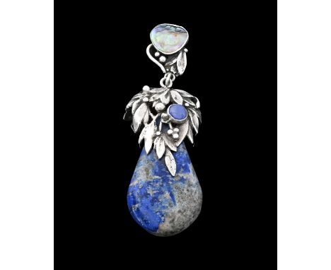 Amy Sandheim, an Arts and Crafts silver and lapis pendant, the polished stone drop with a reticulated laurel and berry mount,
