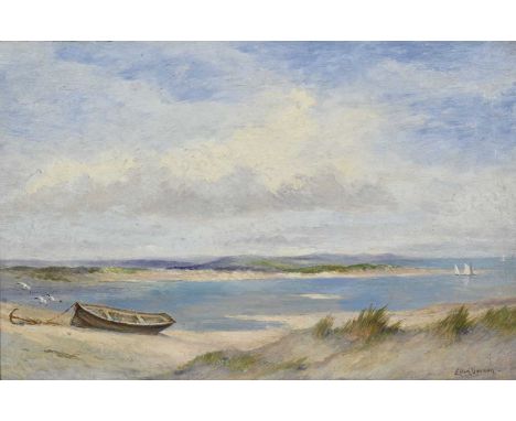 Ellen Vernon (British, 1831-1902), a beach scene with a fishing boat, signed l.r., oil on board, 19 by 29cm, gilt frame