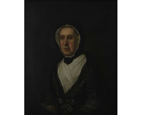 British School, mid-19th Century, portrait of a lady, half-length wearing a lace-trimmed black bonnet and shawl, oil on canva